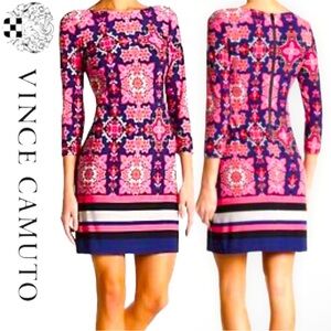 Vince Camuto Pink‎ and Blue Lined Floral Geometric Sheath Dress Size 4